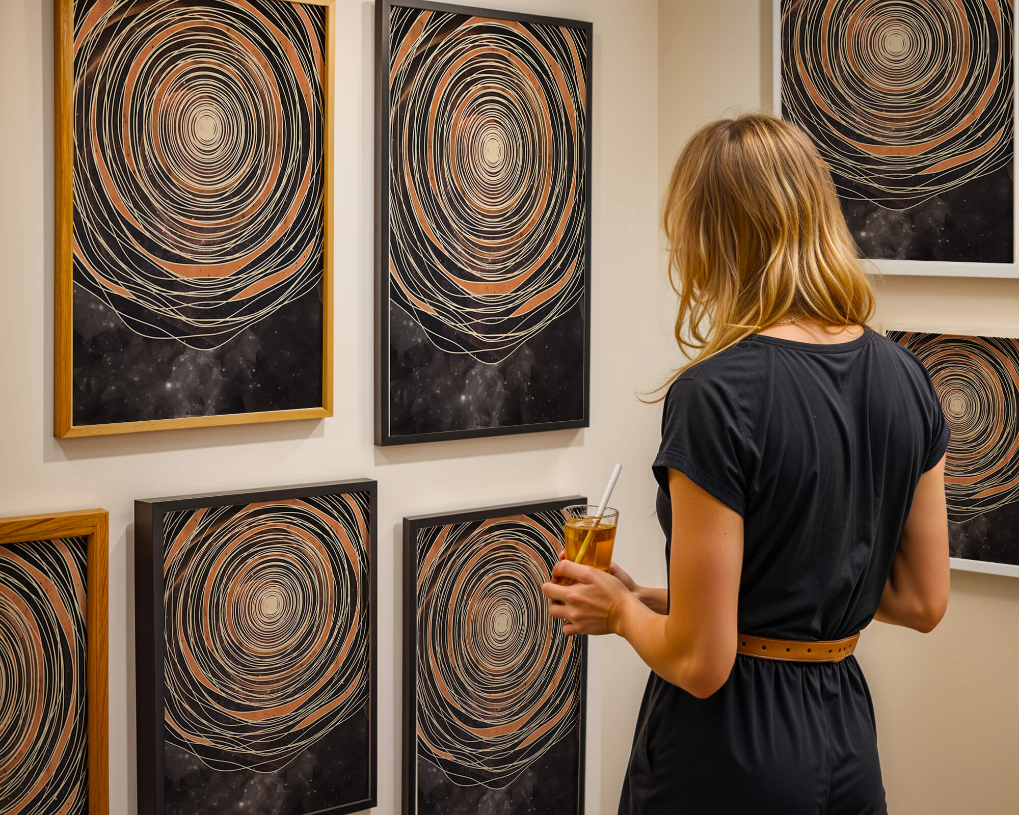 Abstract cosmic spiral with concentric oval patterns and starry background