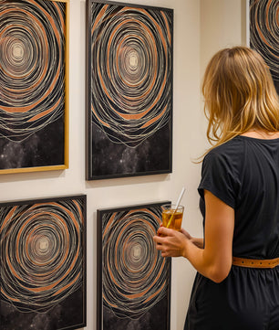 Espiral cósmica abstracta con patrones ovalados concéntricos y fondo estrellado