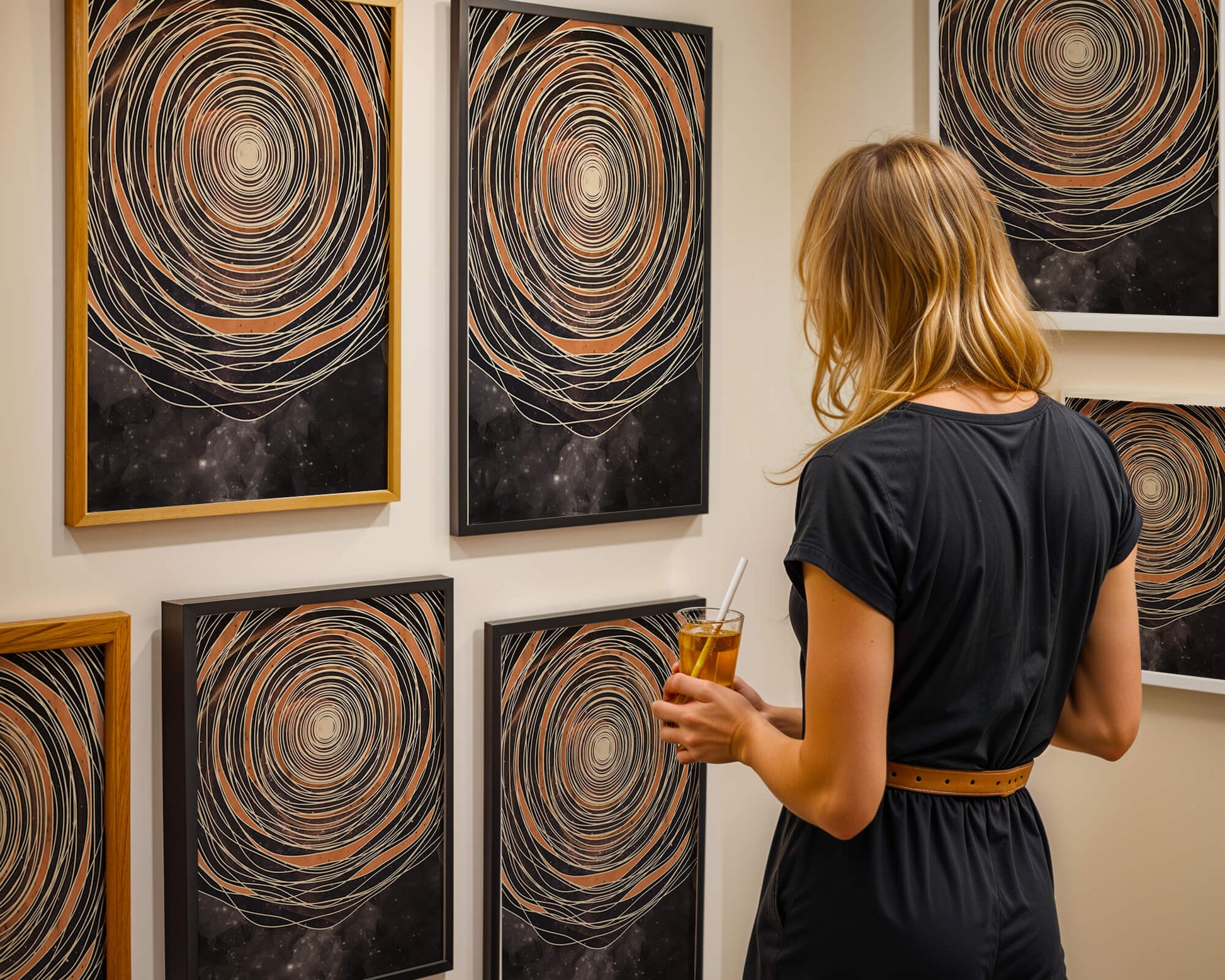 Abstract cosmic spiral with concentric oval patterns and starry background