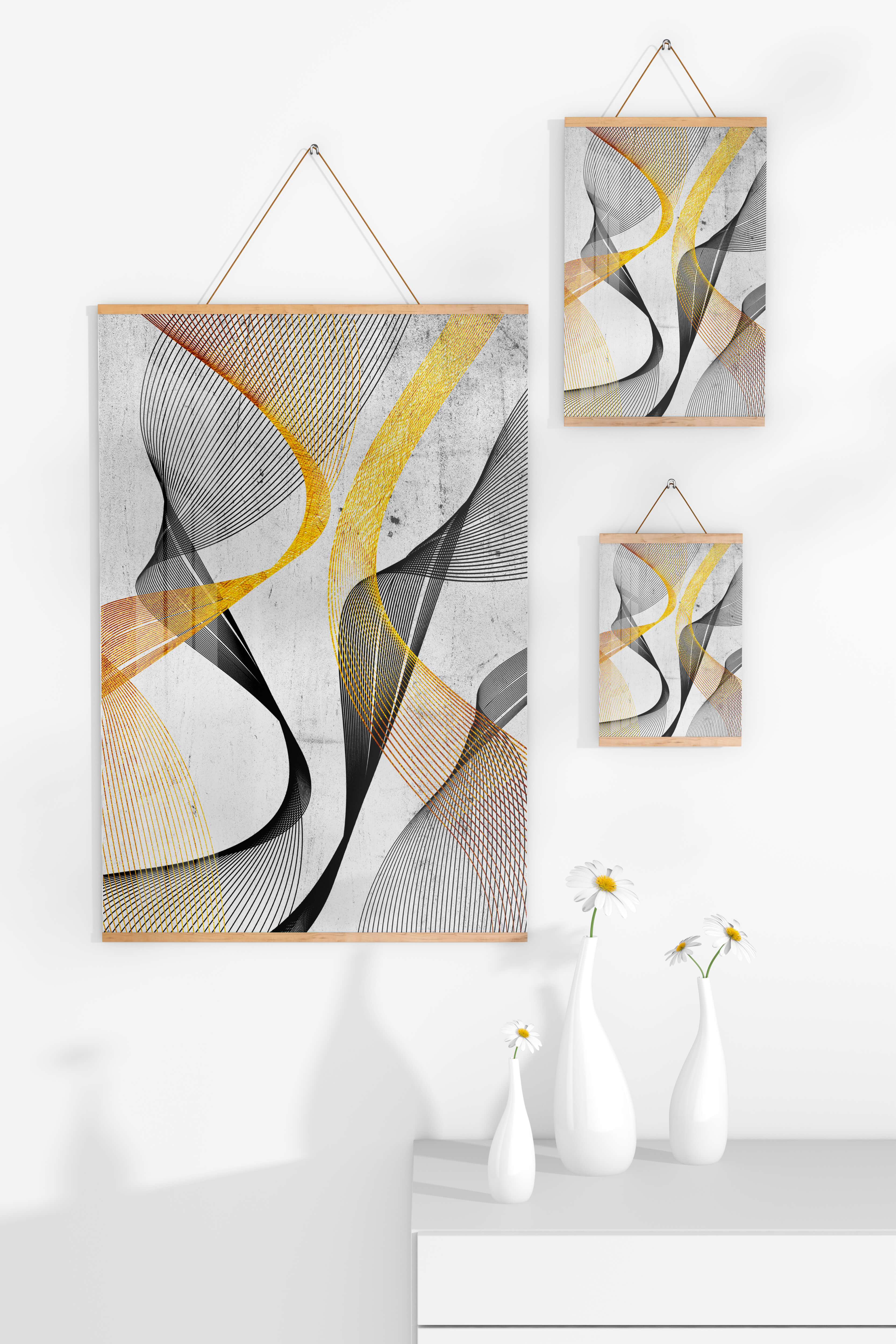 Abstract dynamic lines with golden and black swirls on textured background