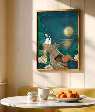 Ilustración serena de conejos contemplando una luna brillante sobre un lago tranquilo