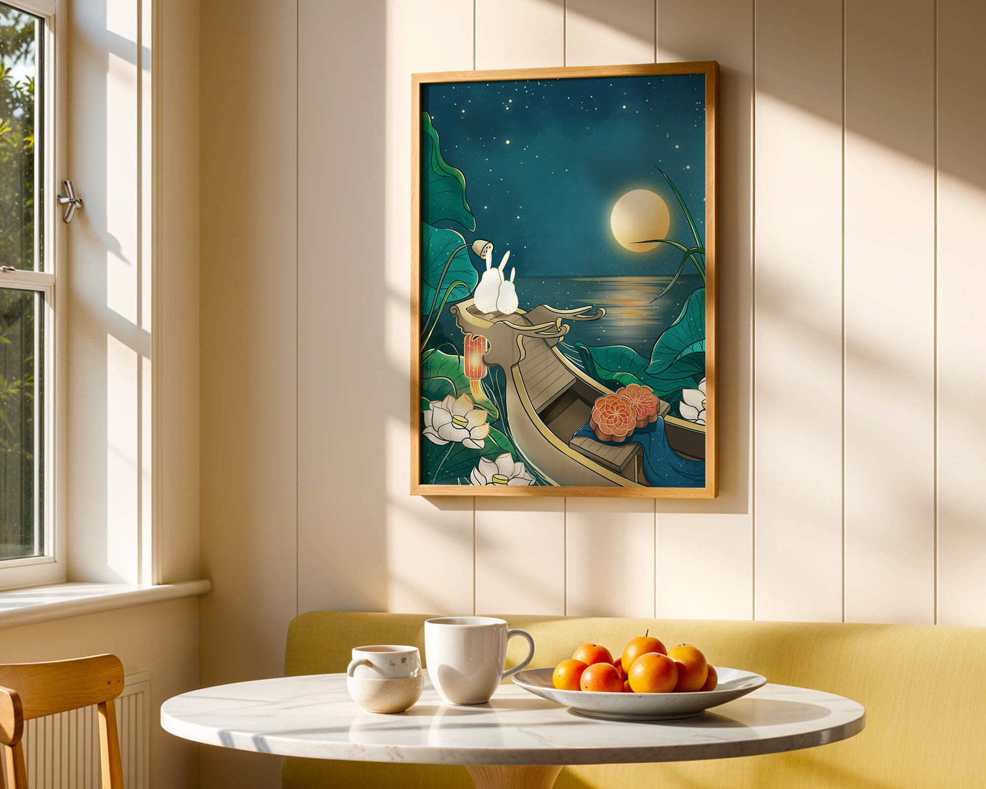Serene illustration of rabbits gazing at a bright moon on a tranquil lake