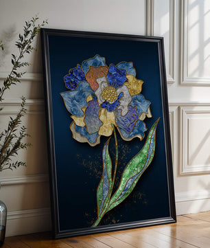Diseño floral texturizado y colorido con contornos dorados sobre fondo oscuro
