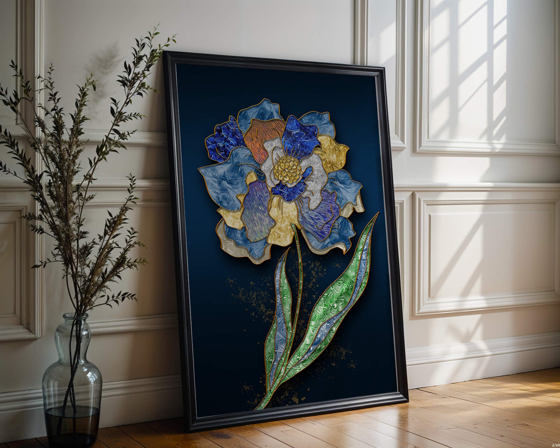Diseño floral texturizado y colorido con contornos dorados sobre fondo oscuro
