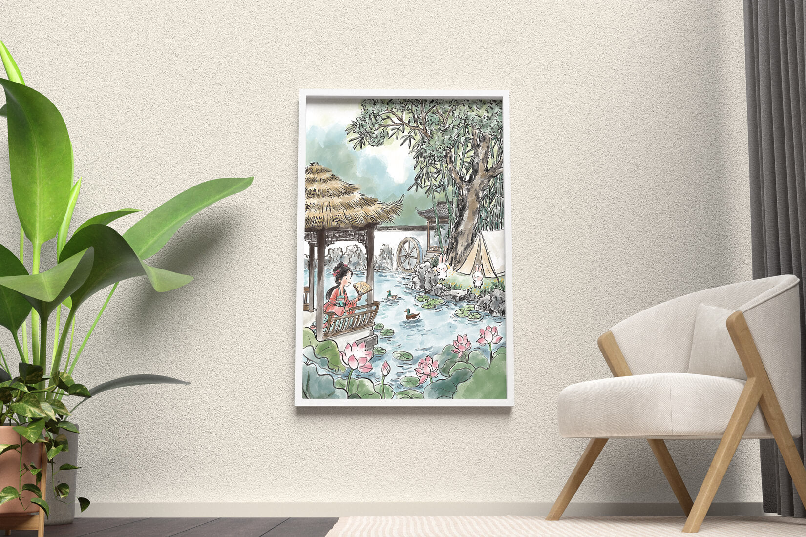 Escena tranquila de jardín con mujer, patos y conejos en un entorno tradicional