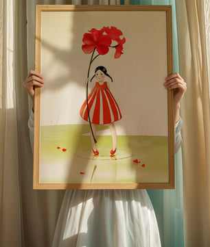 Young girl holding large red flower standing in puddle illustration