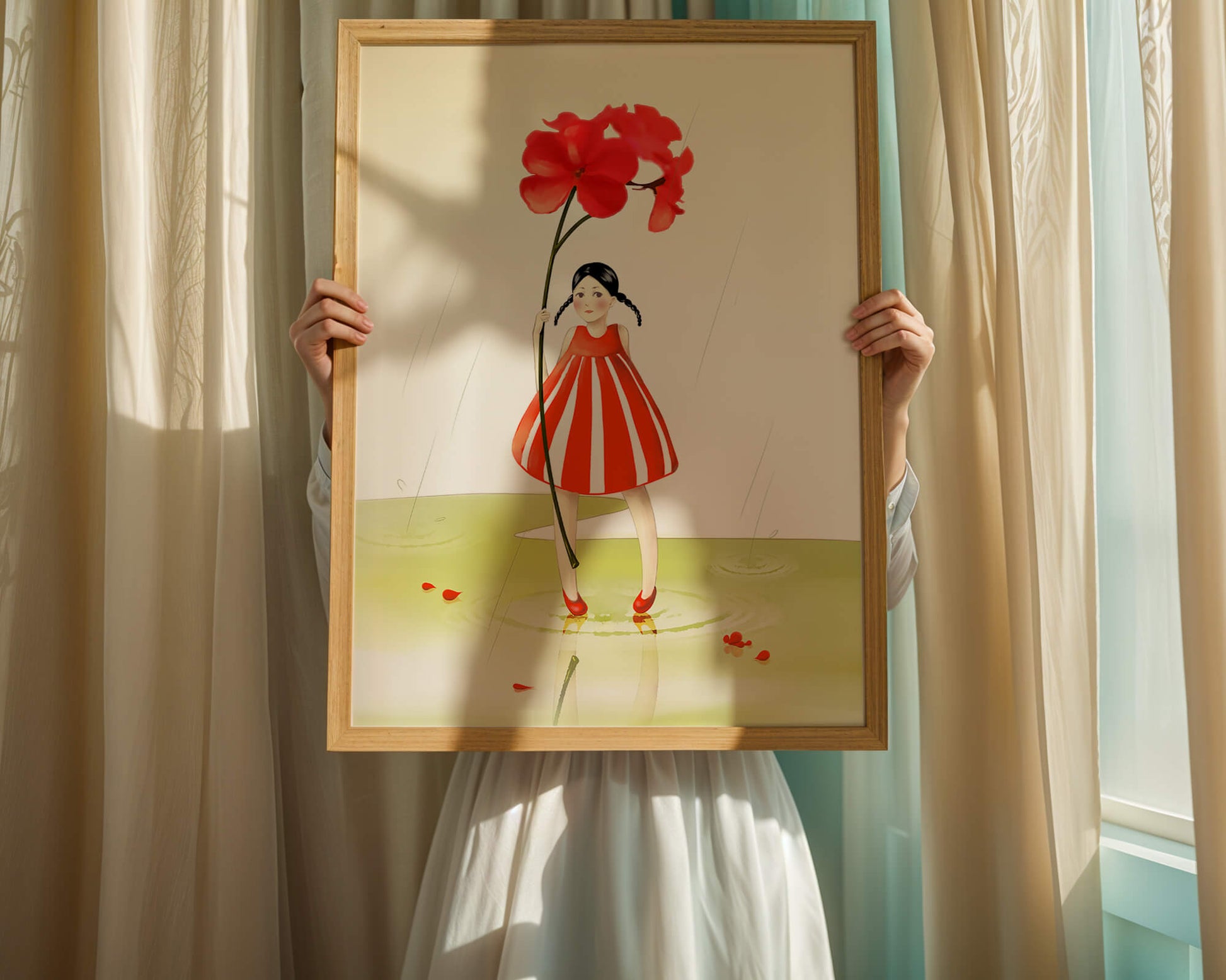 Young girl holding large red flower standing in puddle illustration