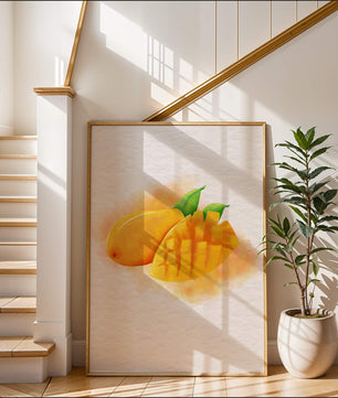 Watercolor depiction of a ripe mango with leaves on textured background