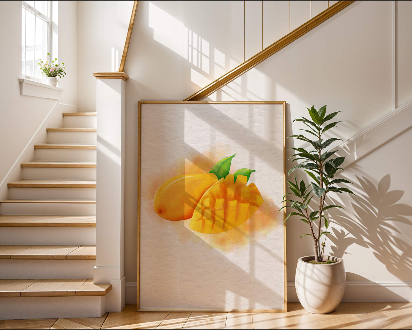 Watercolor depiction of a ripe mango with leaves on textured background