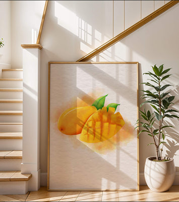 Watercolor depiction of a ripe mango with leaves on textured background