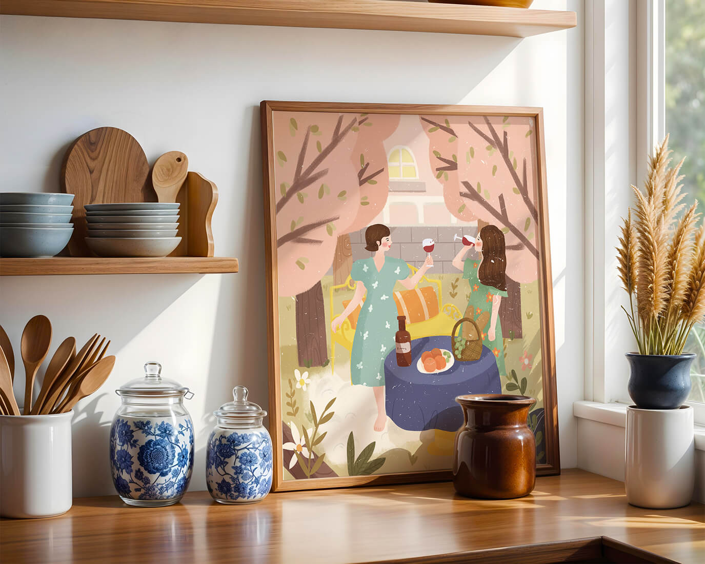 Reunión primaveral en el jardín con vino y frutas