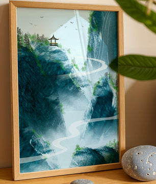 Paisaje montañoso sereno con pagoda y río serpenteante