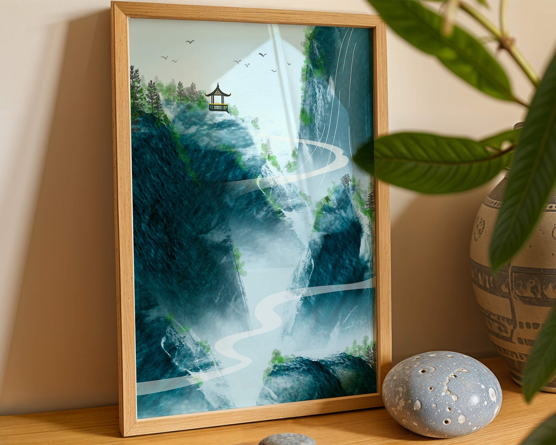 Paisaje montañoso sereno con pagoda y río serpenteante