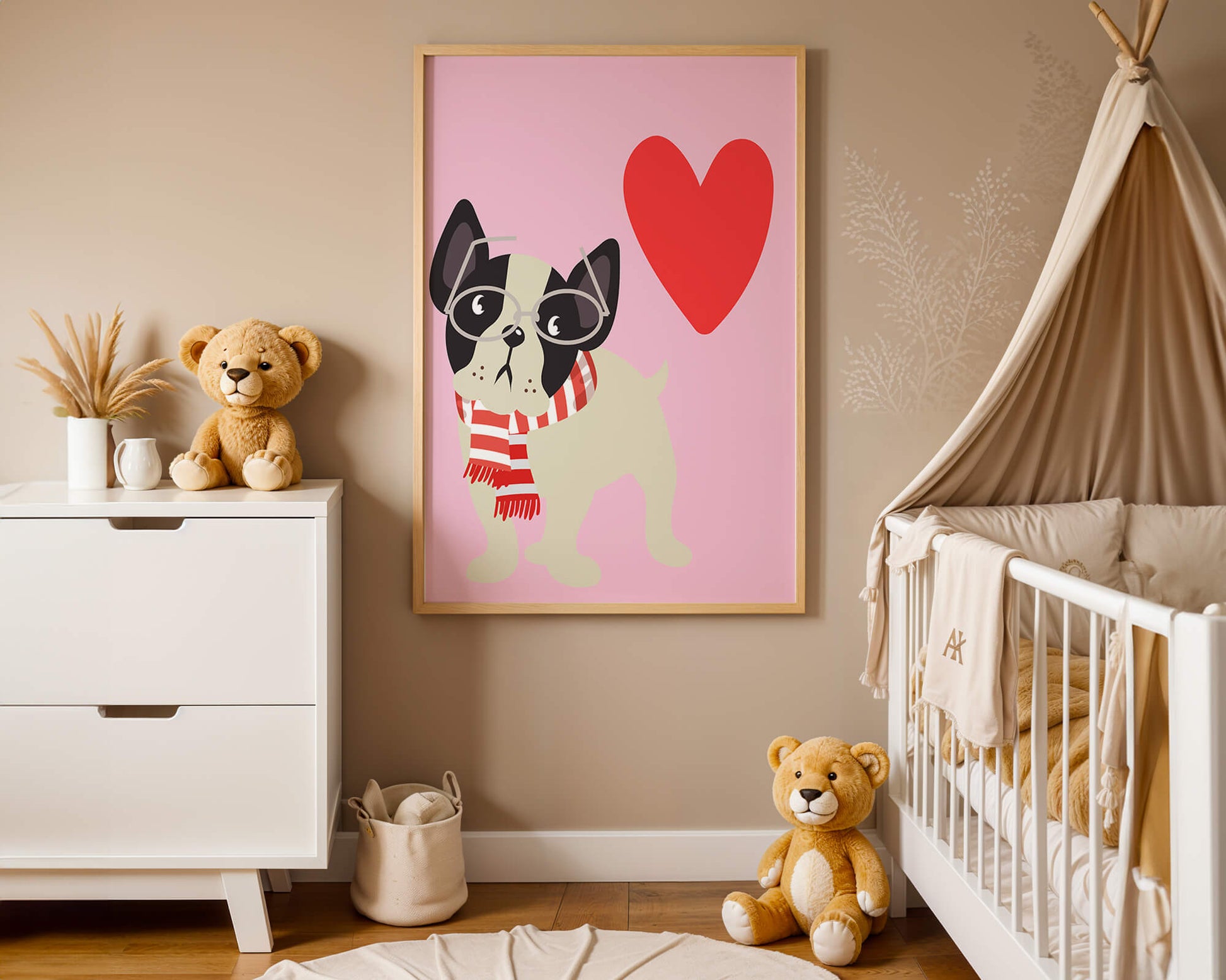 Ilustración lúdica de un bulldog francés con gafas y bufanda sobre fondo rosa con corazón