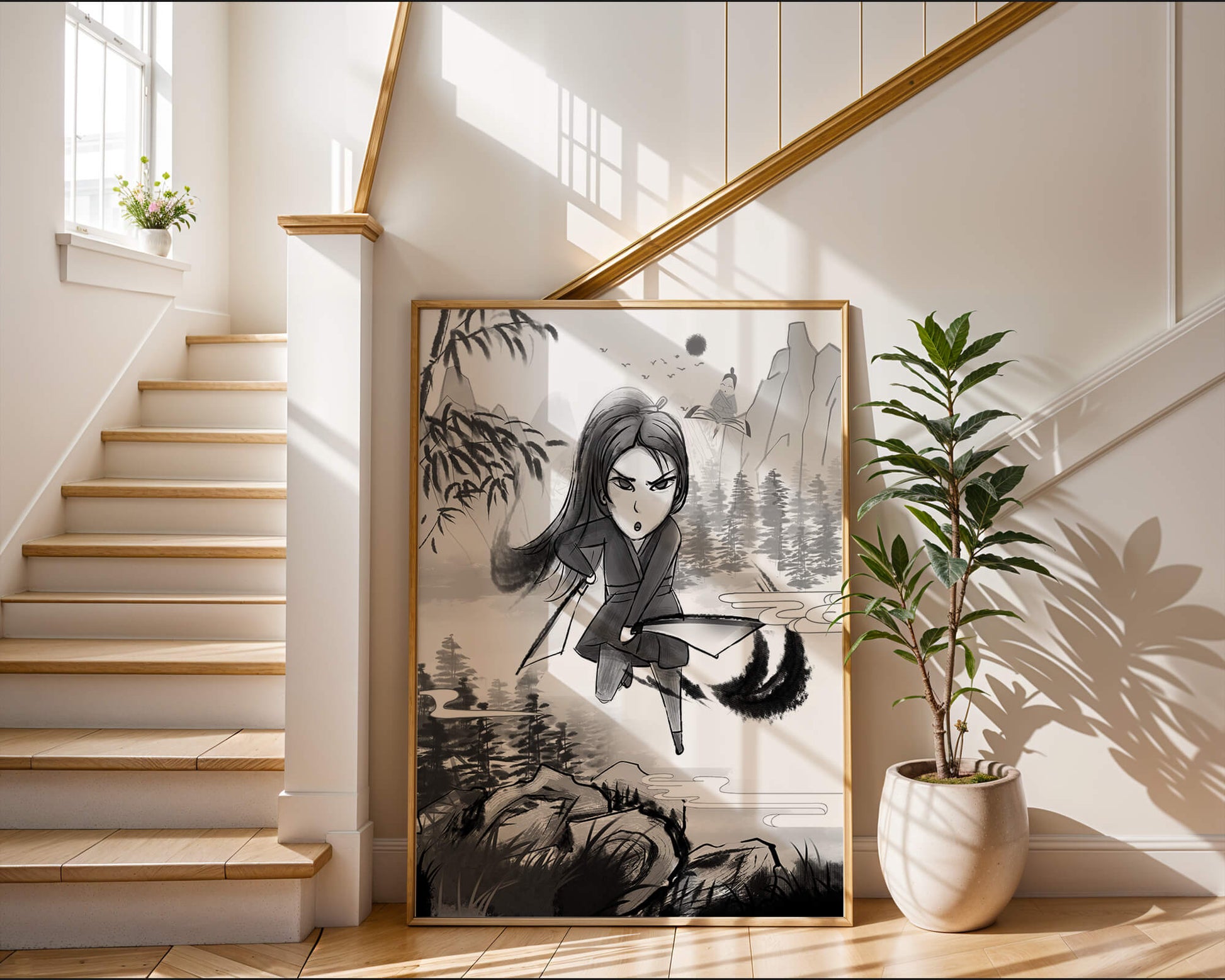 Warrior In A Mystical Landscape With Mountains And Rivers