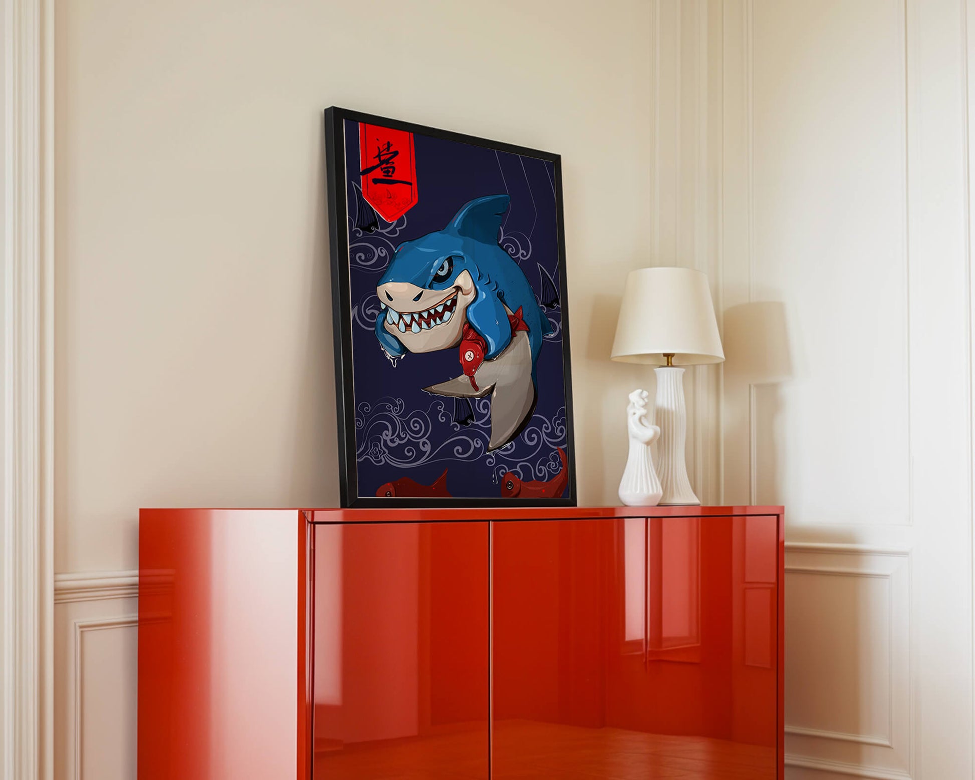 Playful illustration of a cartoon shark with nautical elements