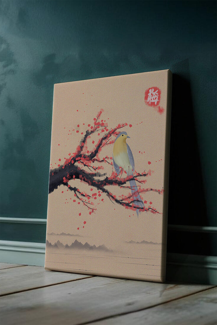 Serene bird on cherry blossom branch in traditional Asian art style