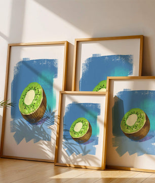 Illustration of a kiwi with a textured blue background