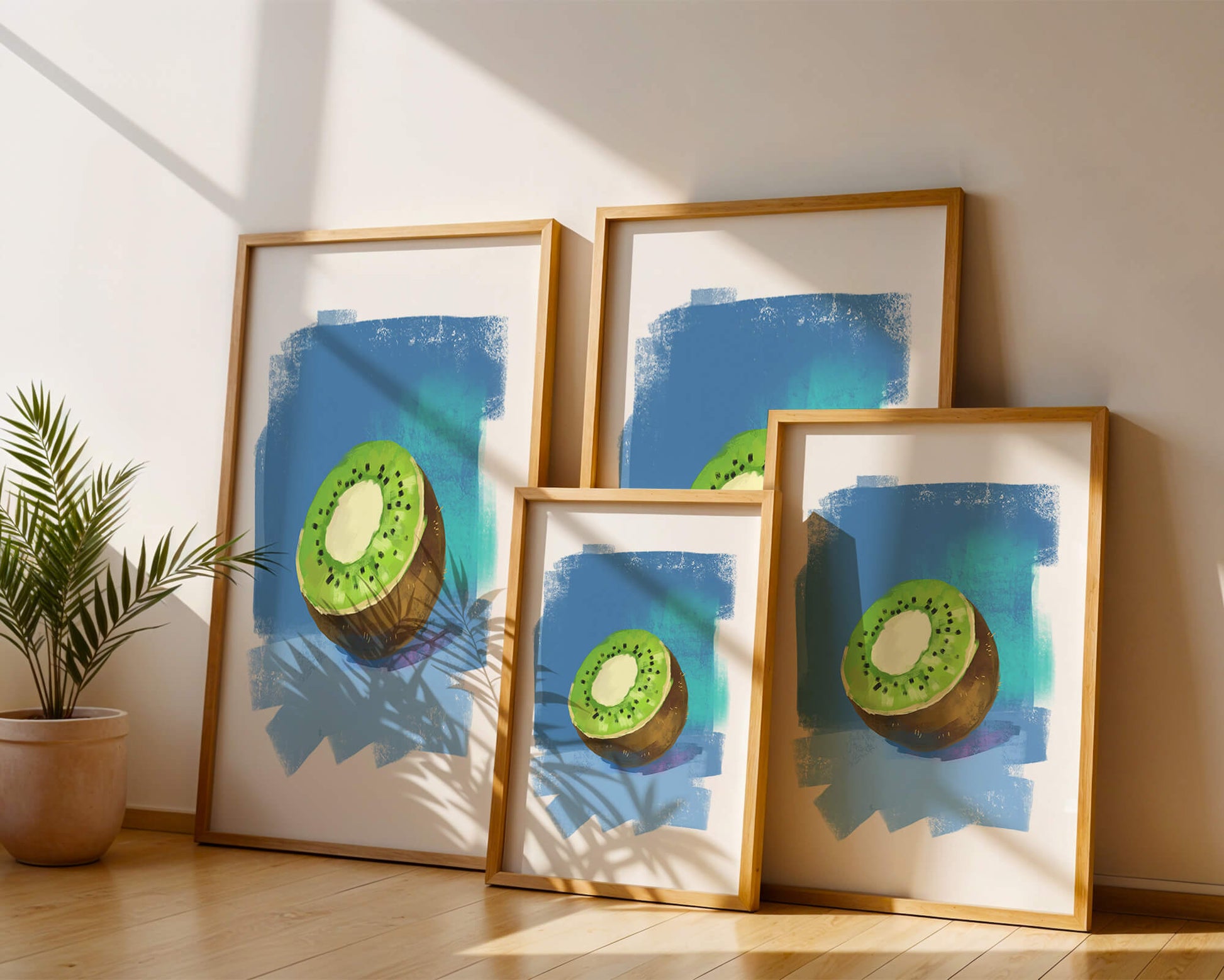 Illustration of a kiwi with a textured blue background