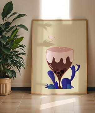 Illustration eines skurrilen Weinglases mit Flüssigkeitsspritzern und violetten Pflanzen