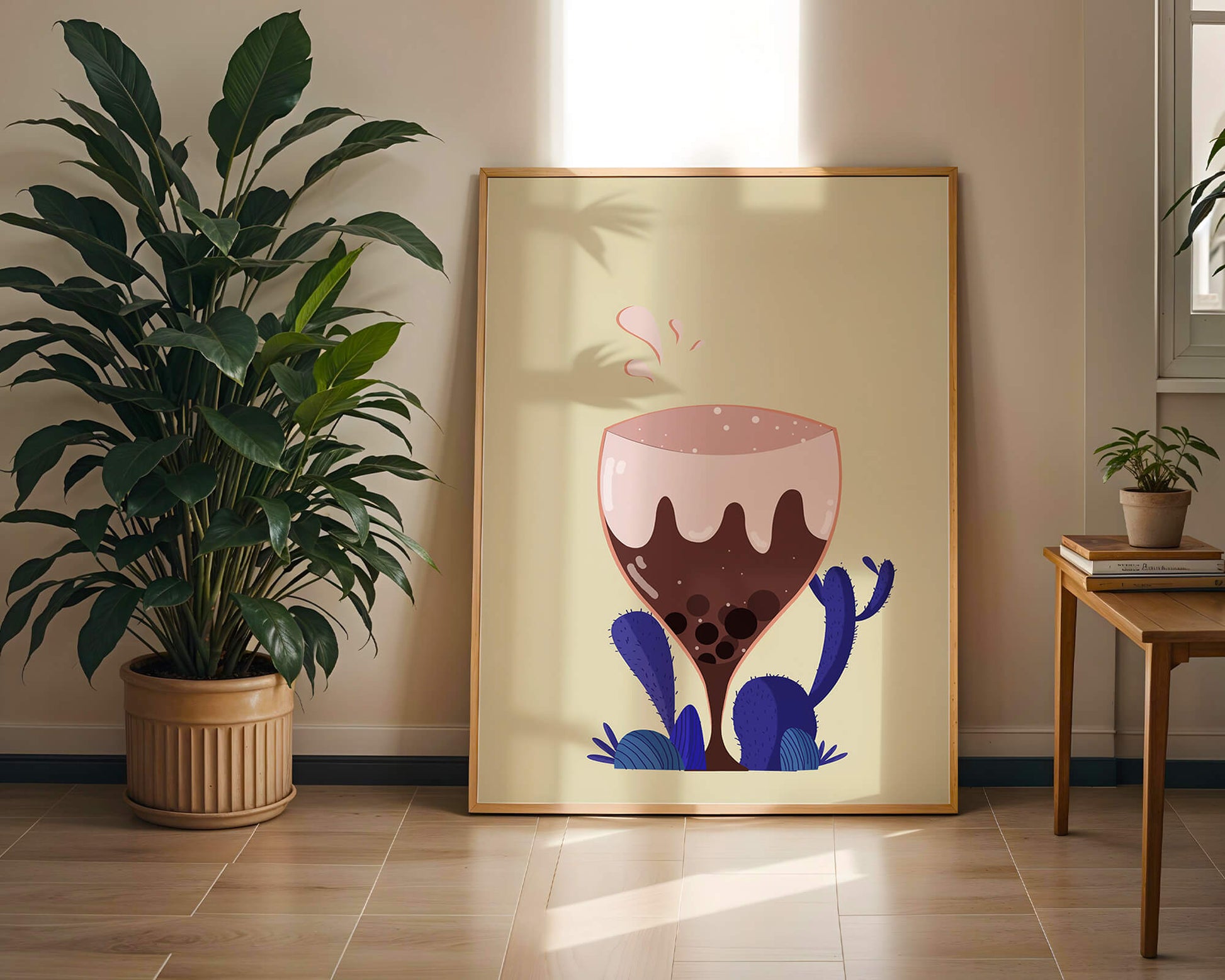 Illustration of a whimsical wine glass with liquid splash and purple plants