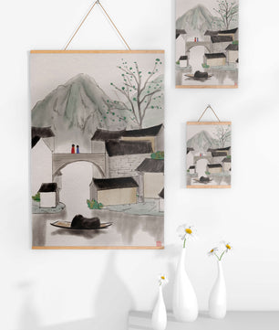 Serene mountain village ink painting with bridge and boat