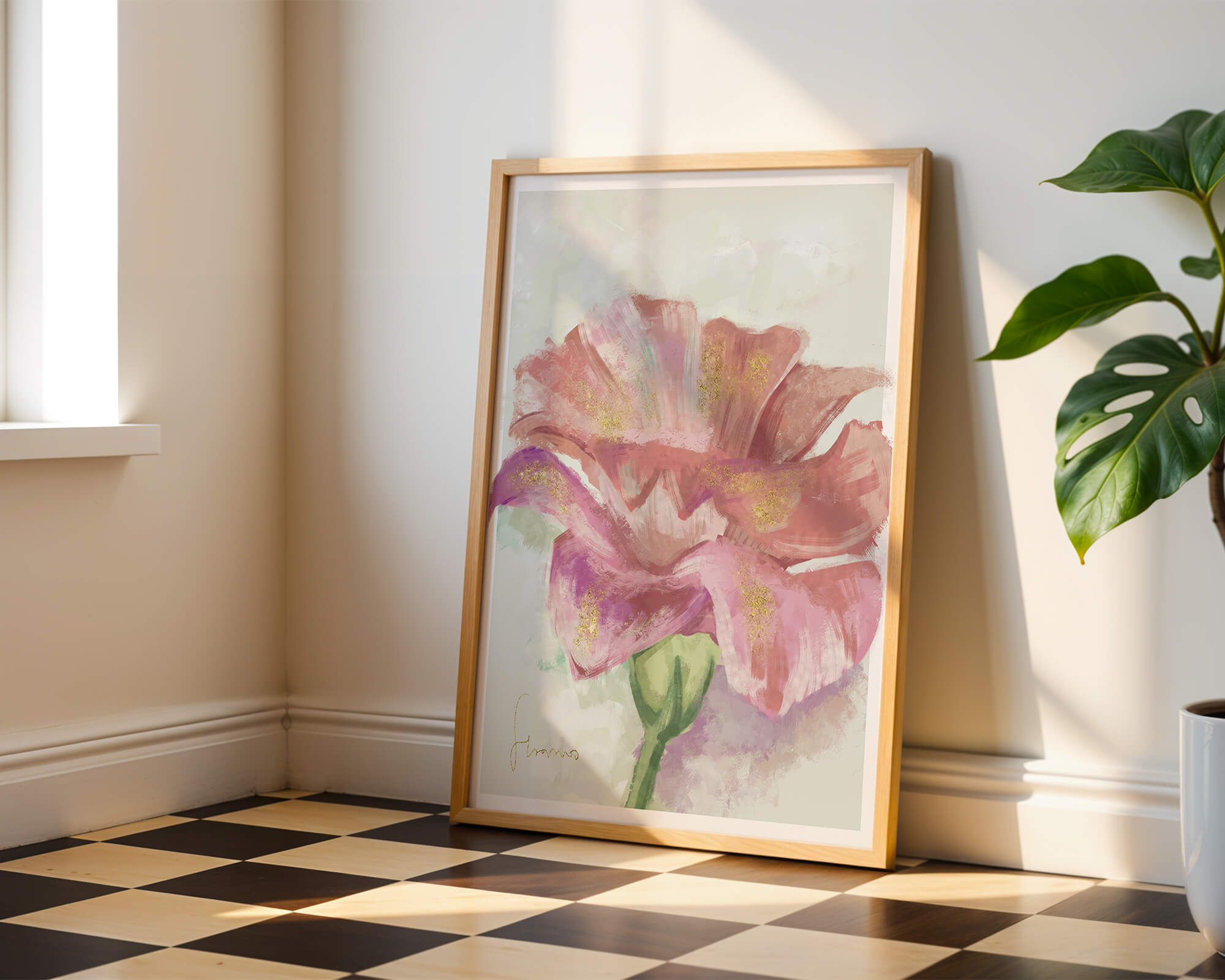 Vibrant pink flower with golden accents in abstract style