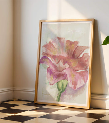 Vibrant pink flower with golden accents in abstract style