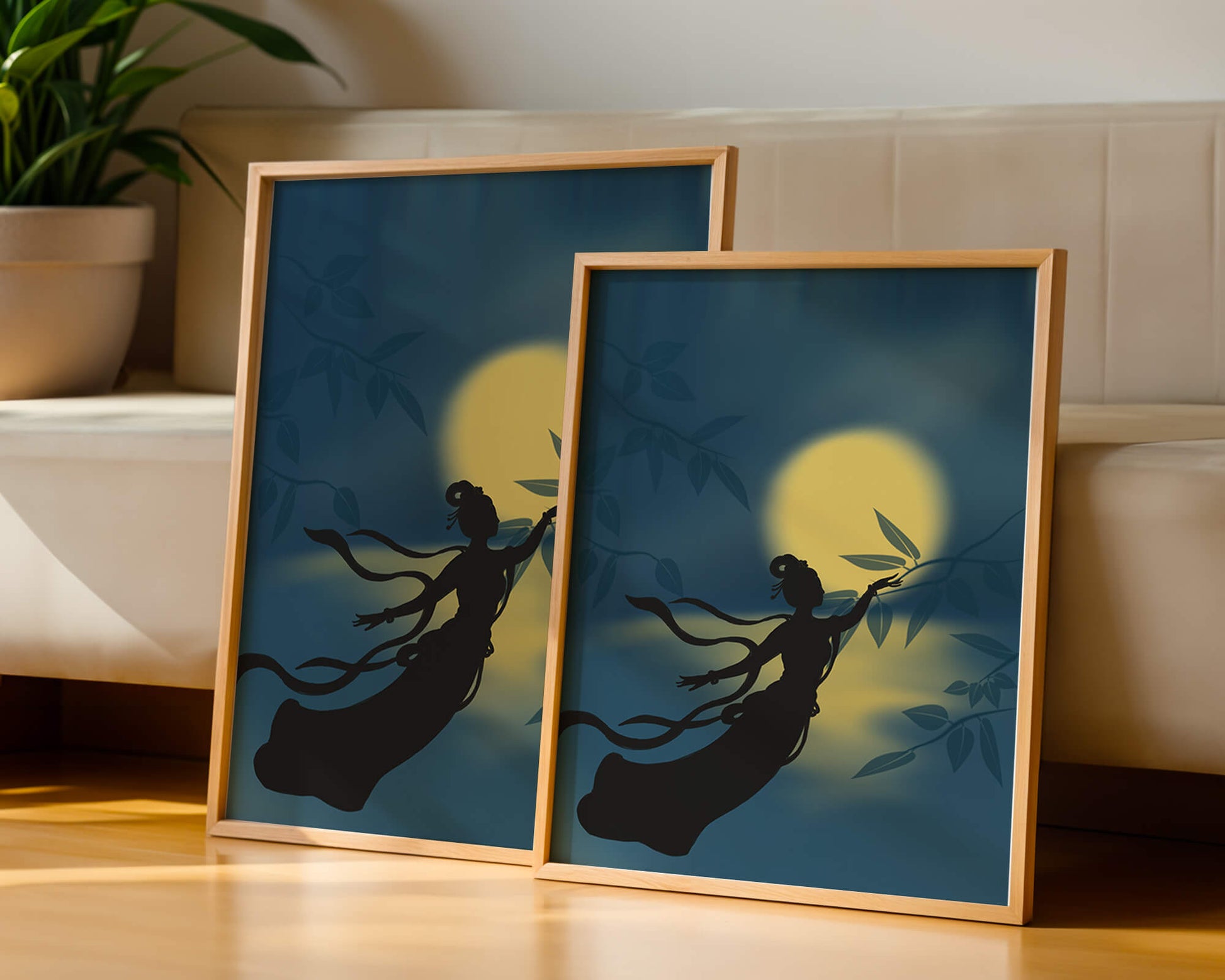 Silhouette of a Woman Reaching for Leaves in Front of a Full Moon