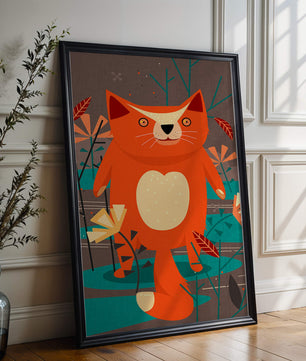 Illustration Of A Cute Orange Cat Surrounded By Stylized Trees And Plants