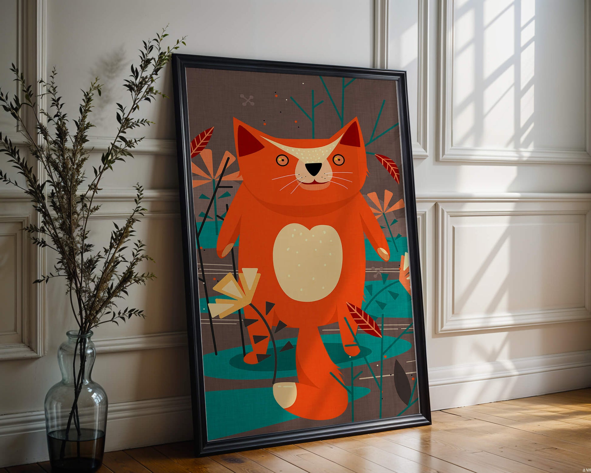 Illustration Of A Cute Orange Cat Surrounded By Stylized Trees And Plants