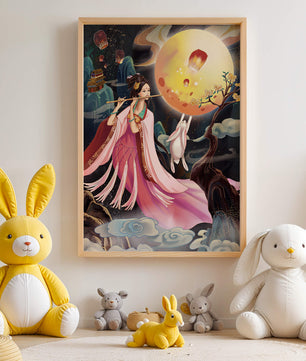 Traditional Asian Art with Flute Player and Moon Rabbit
