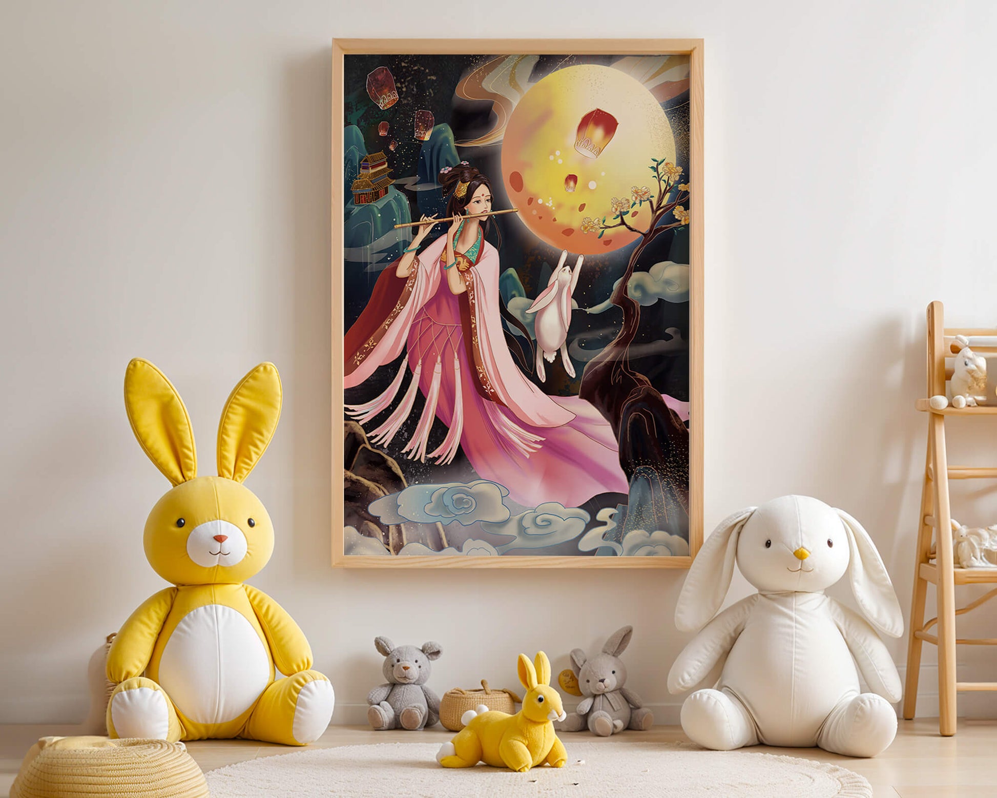 Traditional Asian Art with Flute Player and Moon Rabbit