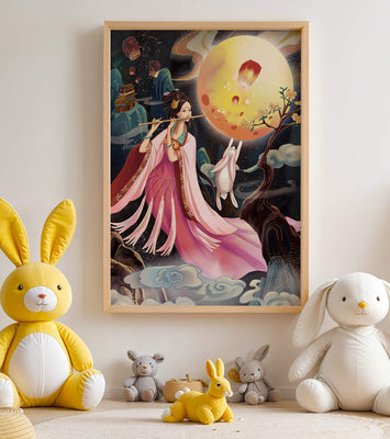 Traditional Asian Art with Flute Player and Moon Rabbit