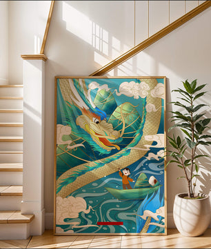 Colorful dragon and child illustration with vibrant waves and clouds