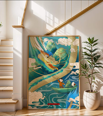 Colorful dragon and child illustration with vibrant waves and clouds