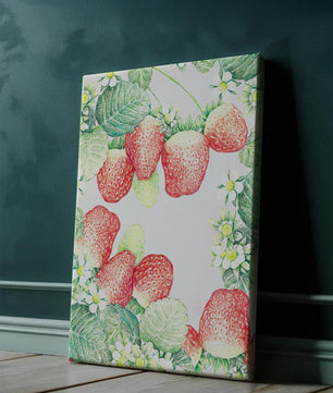 Ilustración de fresas y flores con hojas verdes exuberantes