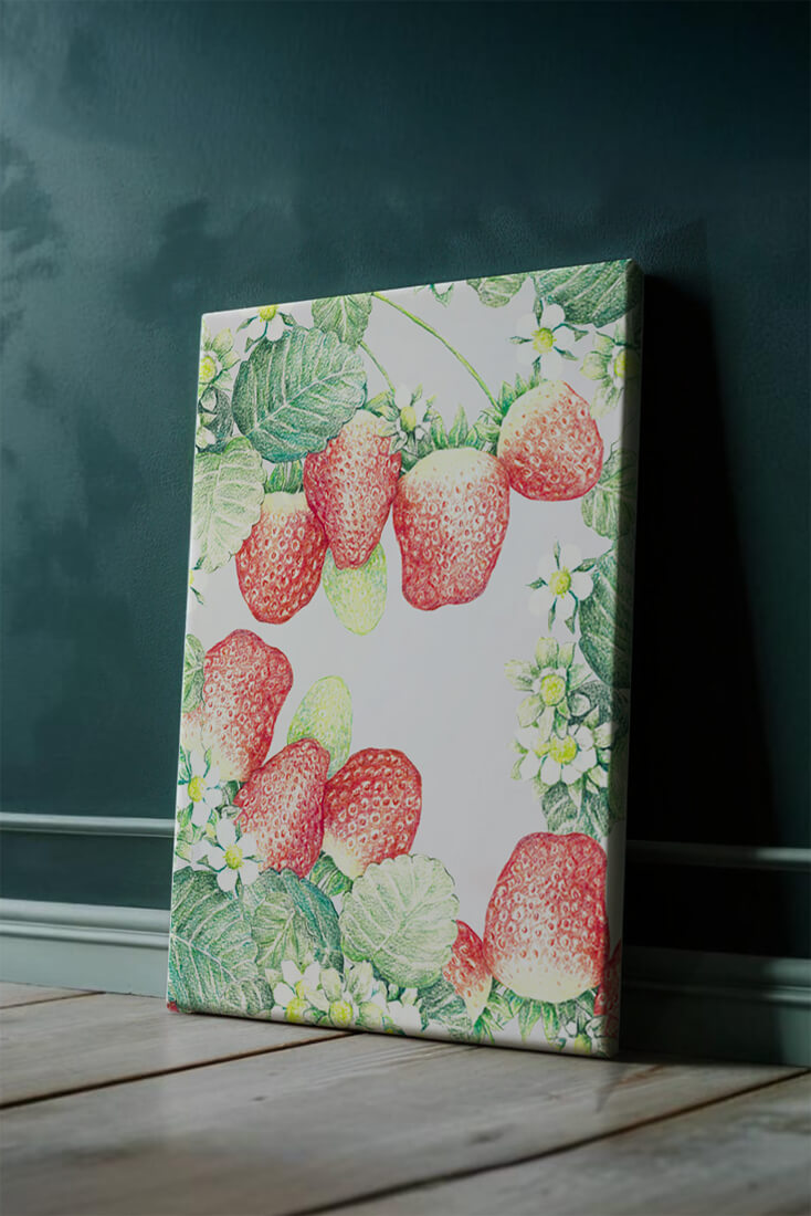 Illustration of strawberries and flowers with lush green leaves