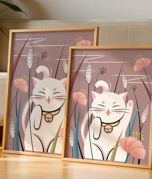 Ilustración de un gato maneki-neko en un entorno de jardín floral