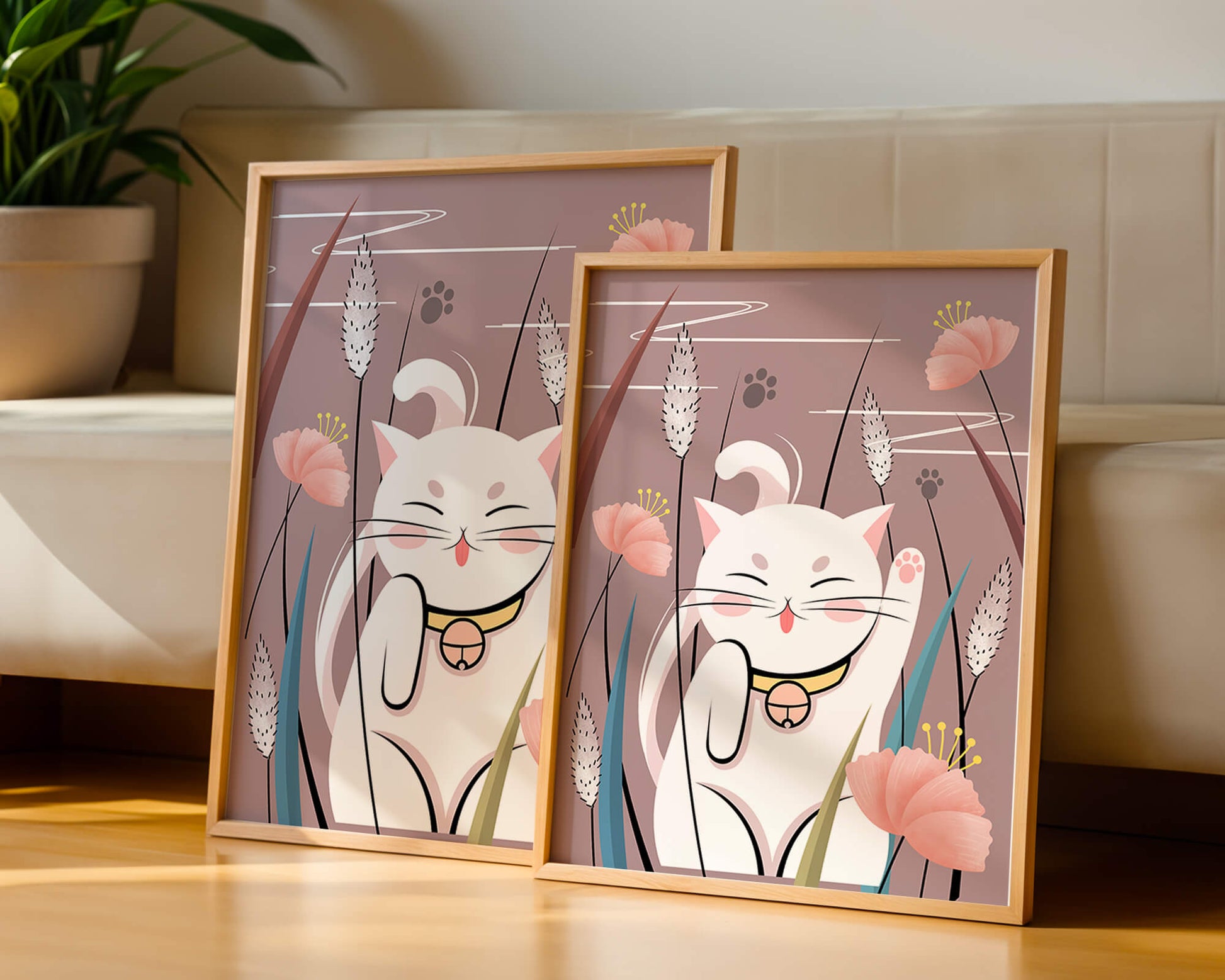 Illustration of a maneki-neko cat in a floral garden setting