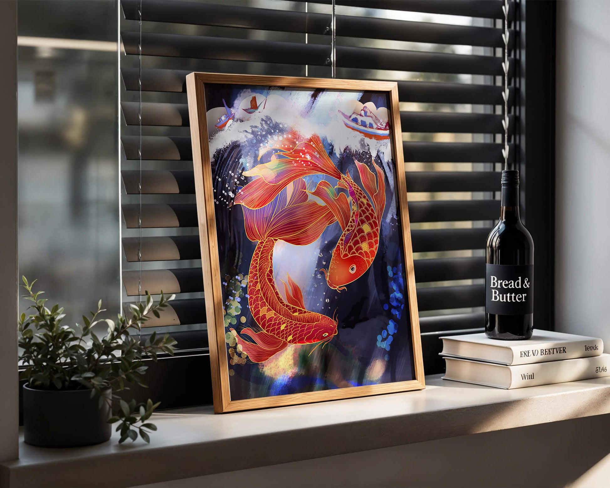 Representación artística de peces koi nadando con barcos en colores vibrantes.