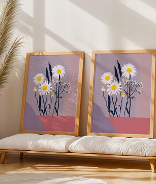 Illustrative floral artwork with daisies and abstract background