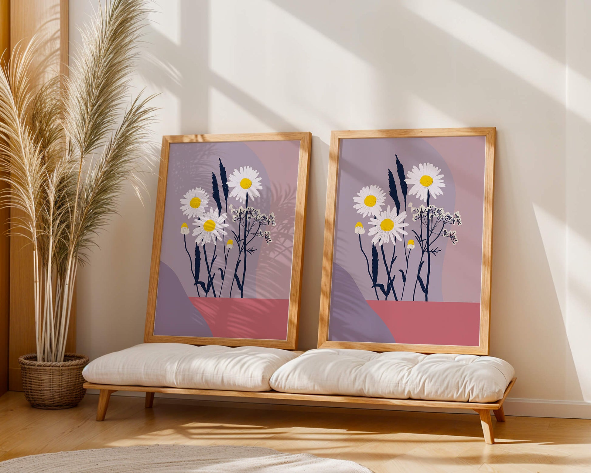 Illustrative floral artwork with daisies and abstract background
