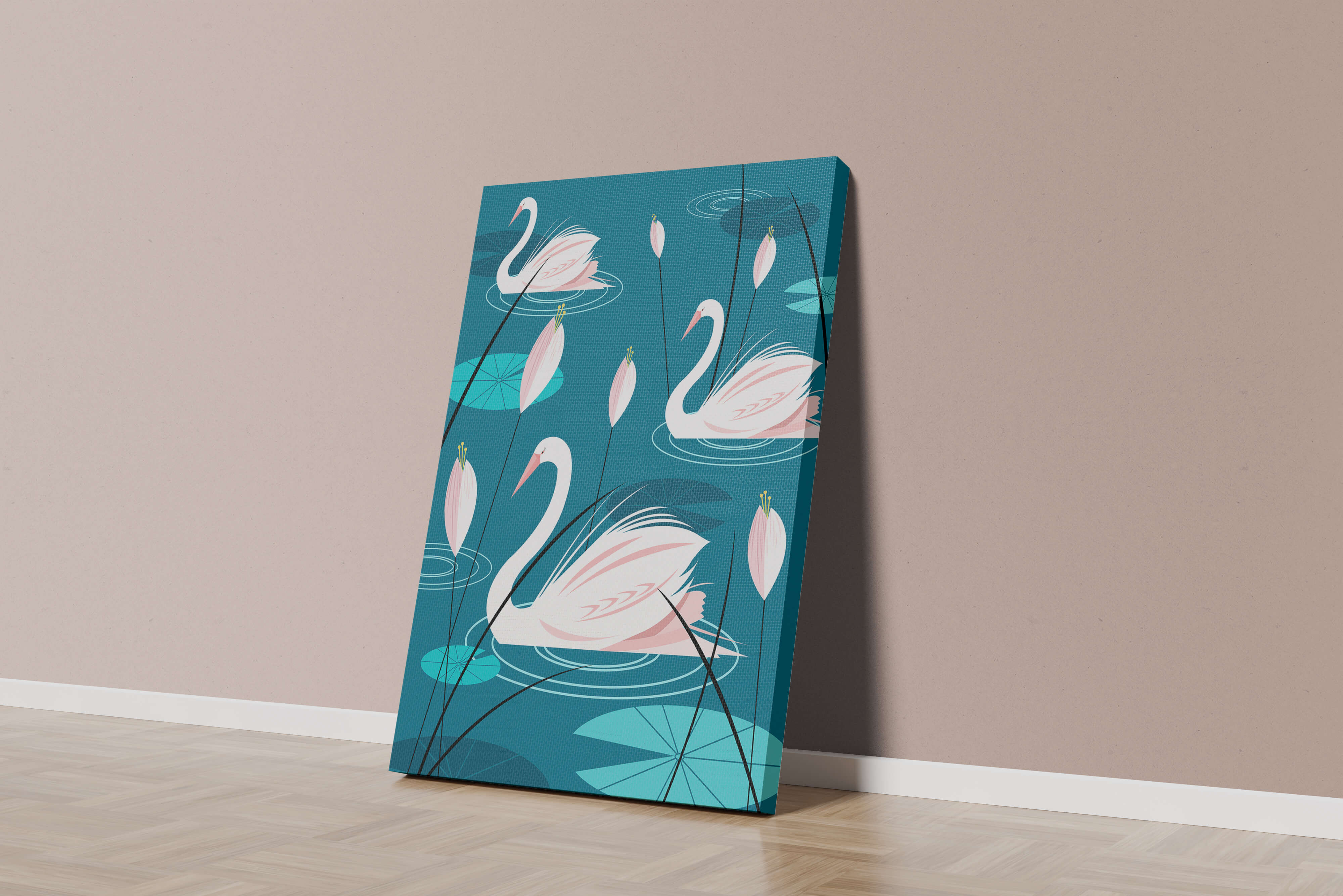 Serene illustration of swans gracefully gliding on a pond with lily pads