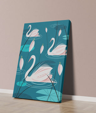 Serene illustration of swans gracefully gliding on a pond with lily pads