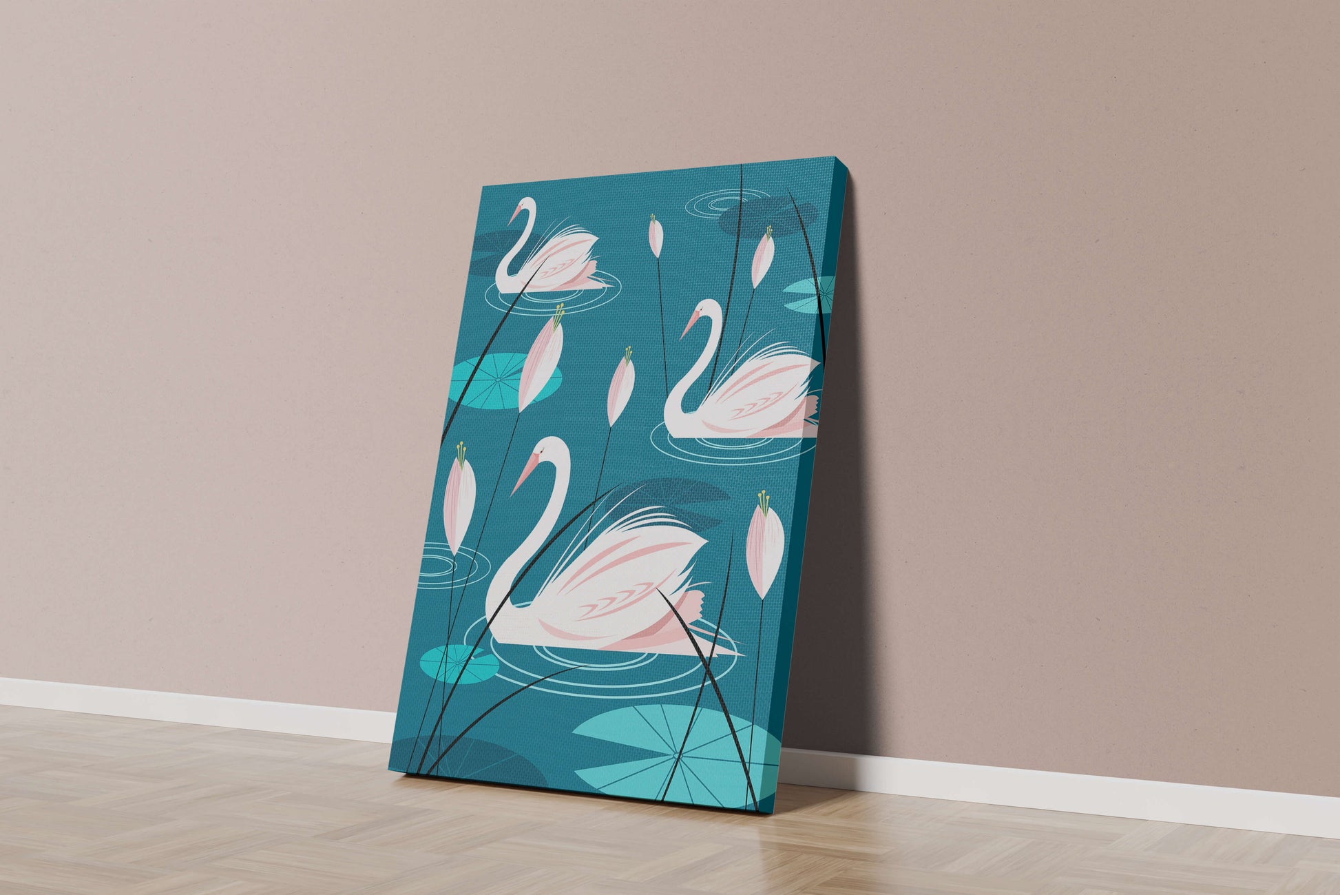 Serene illustration of swans gracefully gliding on a pond with lily pads