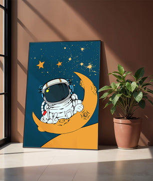 Charming Astronaut Sitting on a Crescent Moon with Stars in Space - Mi tienda