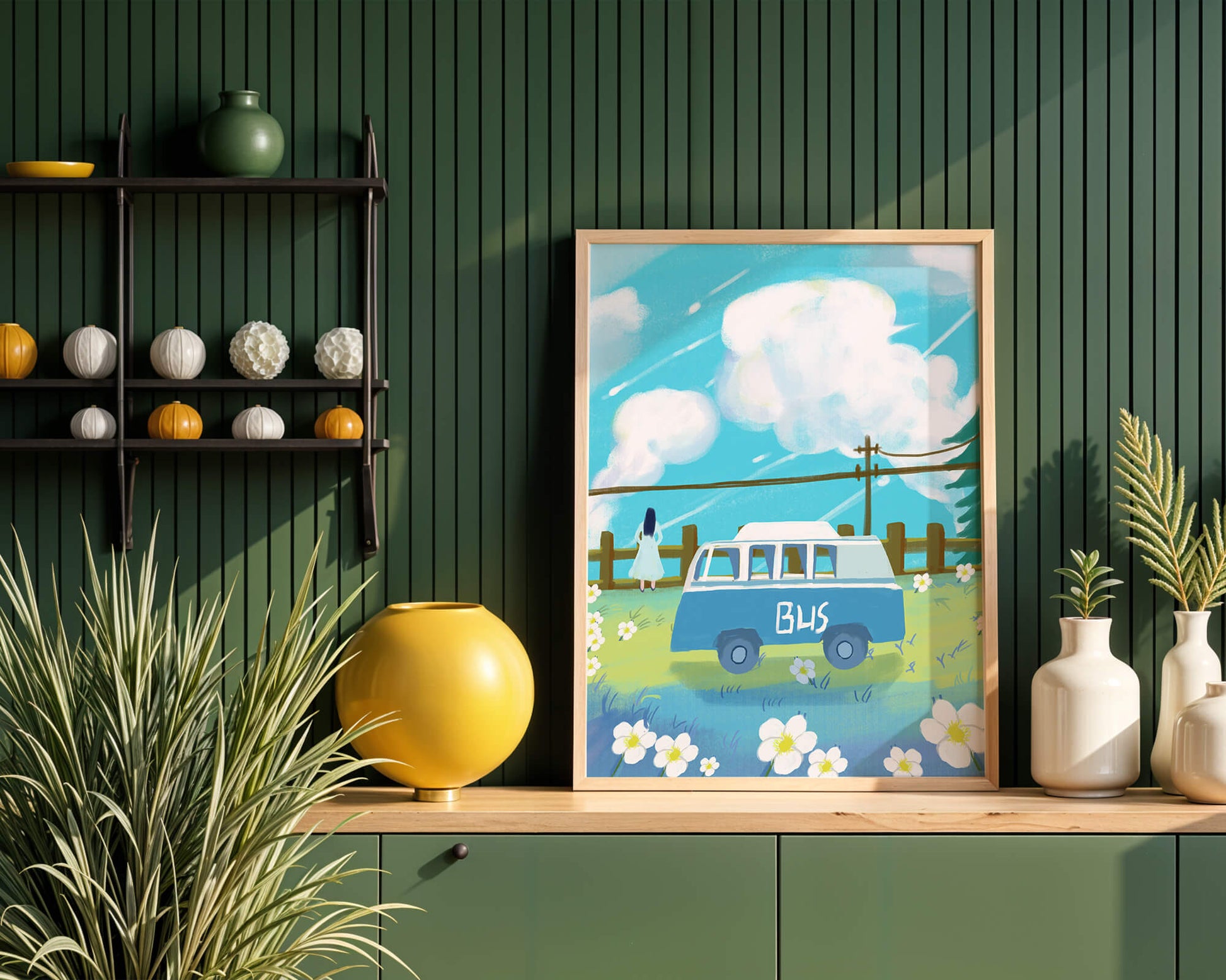 Ilustración escénica con autobús azul y prado en flor