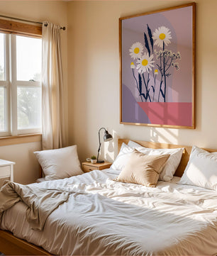 Illustrative floral artwork with daisies and abstract background