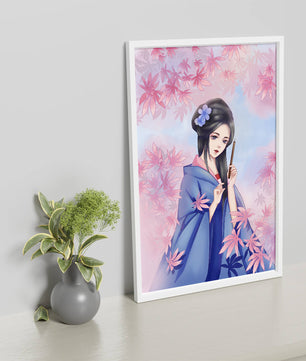 Ilustración elegante de una geisha con kimono azul y hojas rosadas